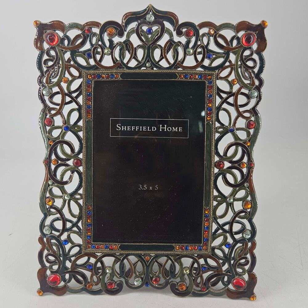 Vintage Ornate Jeweled Sheffield Home enamel Metal Filigree Photo Picture Frame